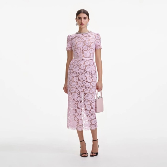 NEW Self-Portrait Fine Lace Pearl Midi Dress in Pink | UK 8 / US 4 - Picture 1 of 16